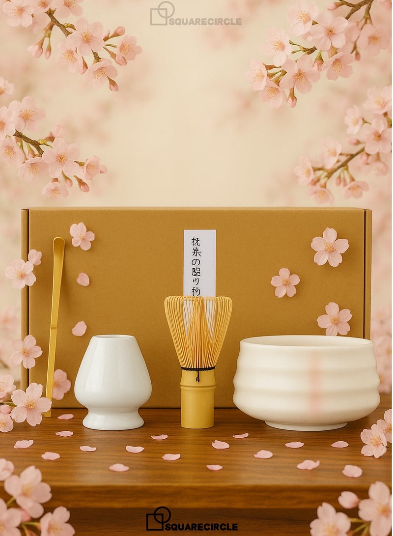 دائرة مربعة طقم ماتشا ياباني مكون من 4 قطع، وعاء ماتشا سيراميك + حامل خفاقة + خفاقة خيزران + ملعقة، لحفل الشاي التقليدي - طقم ماتشا سيراميك مثالي مصنوع يدويًا لتحضير شاي ماتشا التقليدي، طقم هدايا ماتشا طبيعي 100% (أبيض وزهري) - Image 1