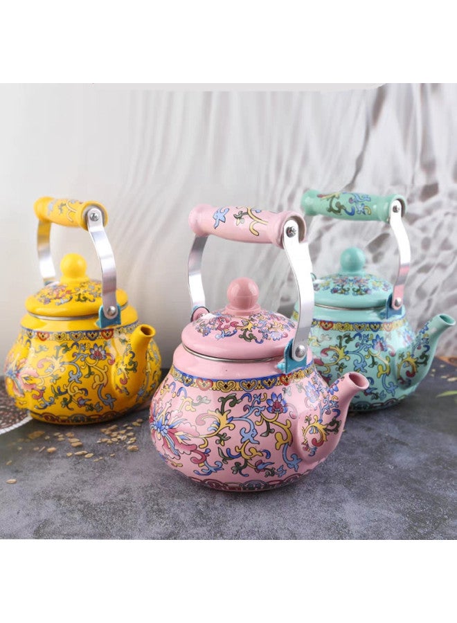 Thickened Large Capacity Enamel Flower Enamel Kettle Milk Tea Pot Flat Bottom Pot Universal Tea For Induction Cooker-Color:2.5 Liters Of Green Hook Lotus (with Filter)-Capacity:Default  - Image 3