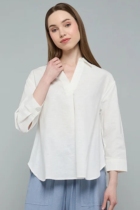 أر أند بي Solid Shirt with Classic Collar and 3/4 Sleeves