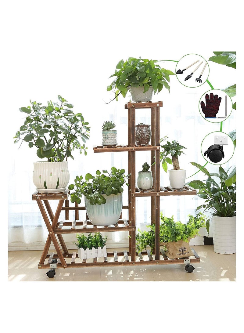 dreamons link Flower Stand Wooden Plant Stand Multilayer Stand Pest Control Wooden Shelf Rack Holder Planter Pots Shelves Display Multiple Plants Indoor Outdoor for Garden Patio Balcony With Wheels - Image 1