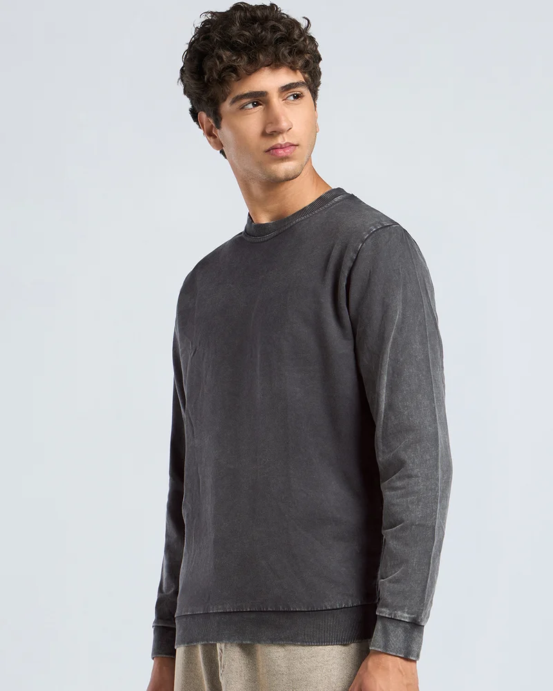 bewakoof Men's Black Acid Wash Sweatshirt