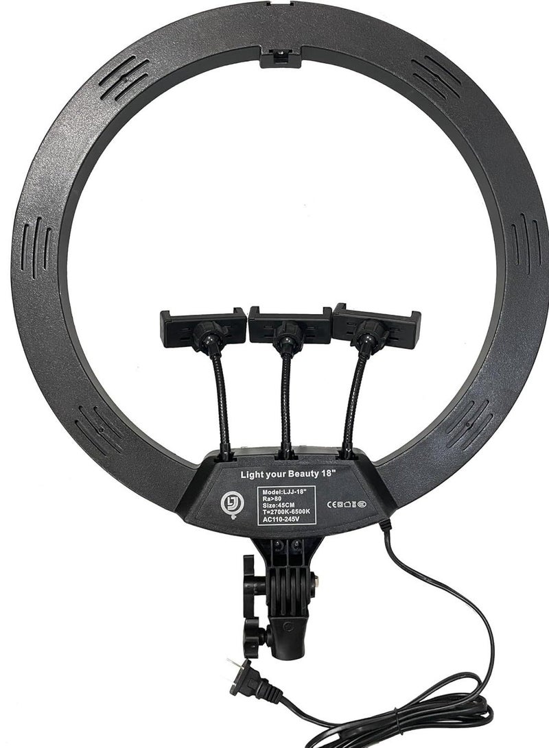 18-Inch LJJ-45 LED Ring Light with Touch Control, 360° Rotation, 3 Phone Holders, Remote Control & Adjustable Stand, 2700K-6500K - Black - Image 2
