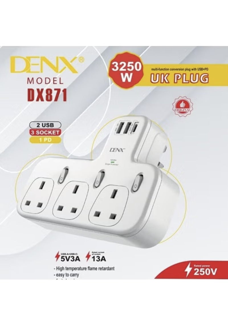 Denx Wall power strip with 3 triple outlets, two USB ports, and a PD port that supports fast charging/DX871 - Image 1