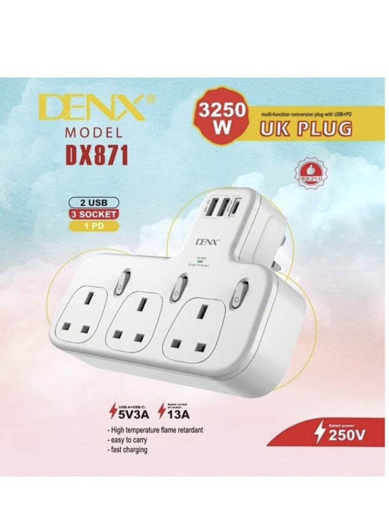 Denx Wall power strip with 3 triple outlets, two USB ports, and a PD port that supports fast charging/DX871 - Image 2