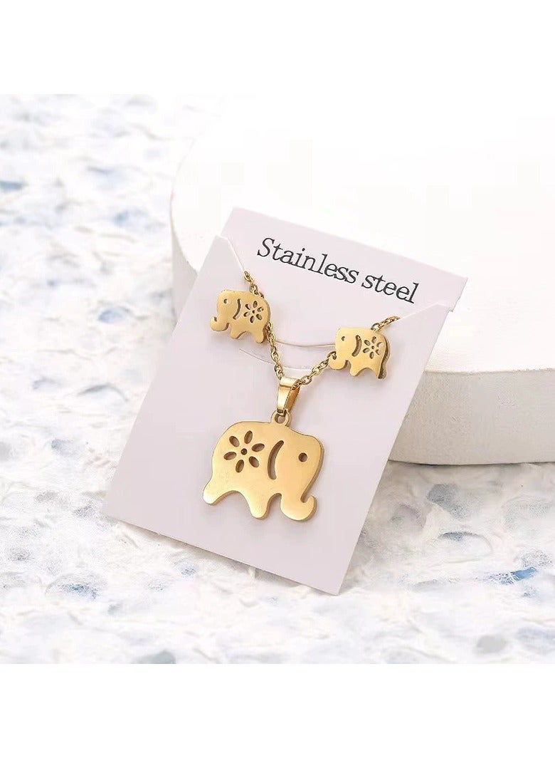 جلوسكي Minimalist Hollow Out Stainless Steel Elephant Jewelry Set – 3PCS Necklace  Earrings Cute Animal-Inspired Gift for Women’s Daily Wear - Image 2