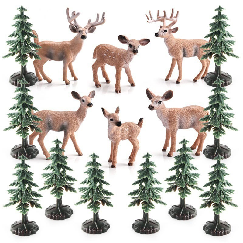 SCAHOW 16PCS Deer Figurines Model Trees Kit Plastic Woodland Animals Toys Miniature Wild Forest Animal Figures for Christmas Decoration Cake Toppers Party Favors - Image 3