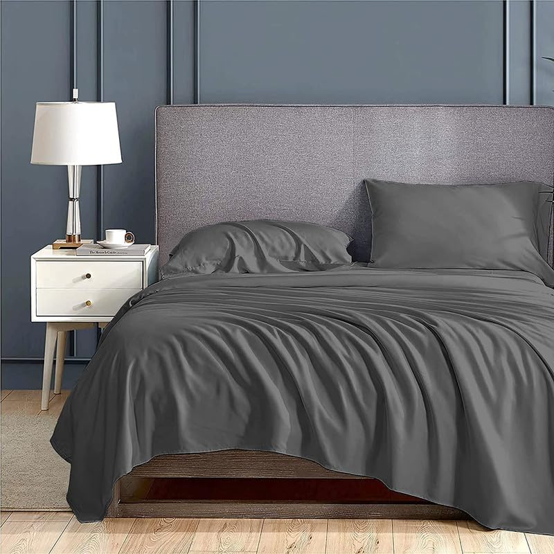 EASY BEDDING 3 PC Bed Sheet 1 Flat Sheet 2 Pillow Cover Luxury 100 Egyptian Cotton Premium 800 TC Hotel Quality Lightweight Cooling Soft Sateen Weave Queen Size Dark Gray Solid - Image 1