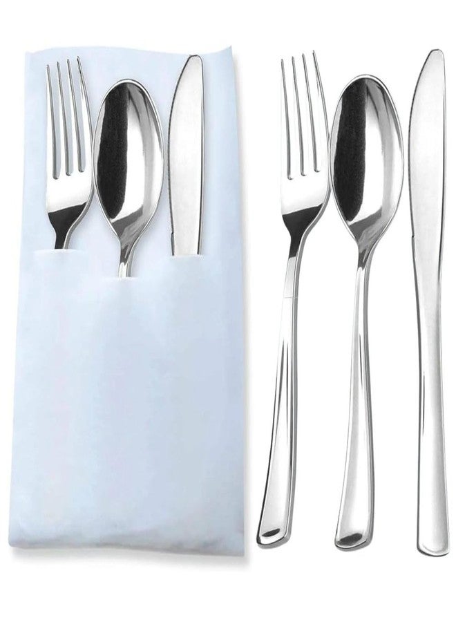 Kaya Silver Elegance Disposable Plastic Cutlery in White Pocket Napkin Set (Set of 7) - Stylish Dinnerware for Parties, Weddings & Events - Complete Set of Napkins, Forks, Knives & Spoons - Image 1
