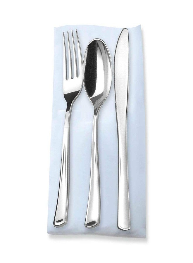 Kaya Silver Elegance Disposable Plastic Cutlery in White Pocket Napkin Set (Set of 7) - Stylish Dinnerware for Parties, Weddings & Events - Complete Set of Napkins, Forks, Knives & Spoons - Image 2