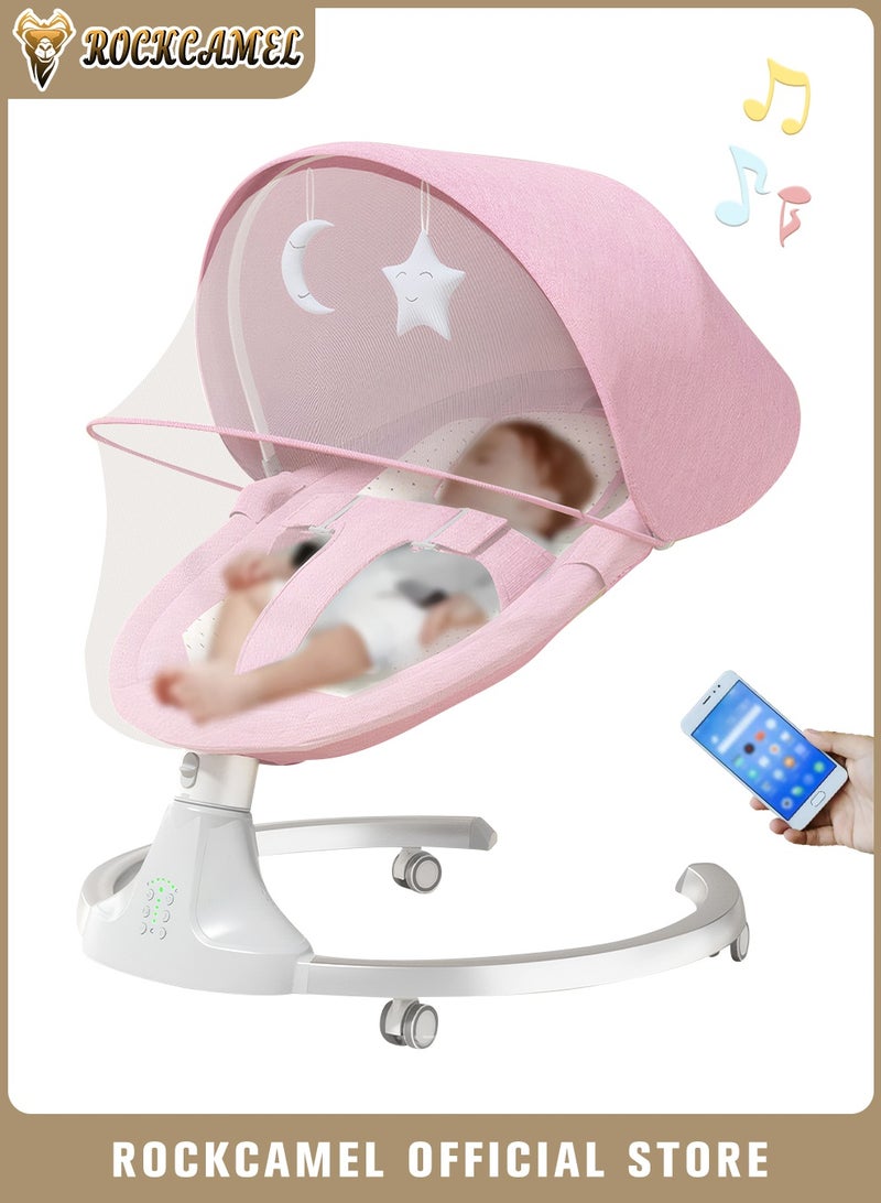 ROCKCAMEL Movable Baby Swing Chair for Infants, Portable Bluetooth Baby Rocker with 5 Swing Speed, Timer, Remote Control & Removable Canopy, Adjustable Recline & Machine Washable Seat, Baby Rocker with Mosquito Net, Pink - Image 1