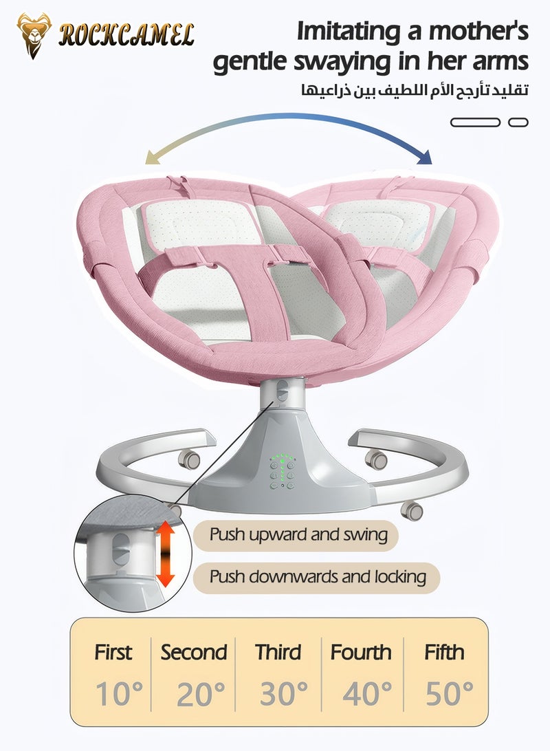 ROCKCAMEL Movable Baby Swing Chair for Infants, Portable Bluetooth Baby Rocker with 5 Swing Speed, Timer, Remote Control & Removable Canopy, Adjustable Recline & Machine Washable Seat, Baby Rocker with Mosquito Net, Pink - Image 3