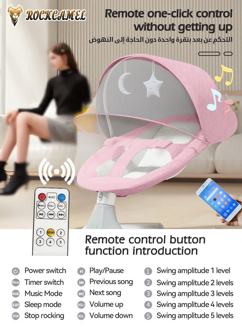 ROCKCAMEL Movable Baby Swing Chair for Infants, Portable Bluetooth Baby Rocker with 5 Swing Speed, Timer, Remote Control & Removable Canopy, Adjustable Recline & Machine Washable Seat, Baby Rocker with Mosquito Net, Pink - Image 5