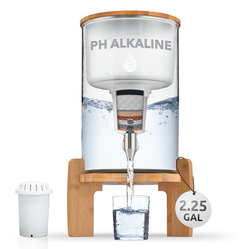Invigorated Water pH Recharge Glass Alkaline Water Dispenser Filter System - Countertop Purifier Pitcher for Home and Office - High pH Pure Drinking Water Filtration- 8.5L/2.25 Gal"