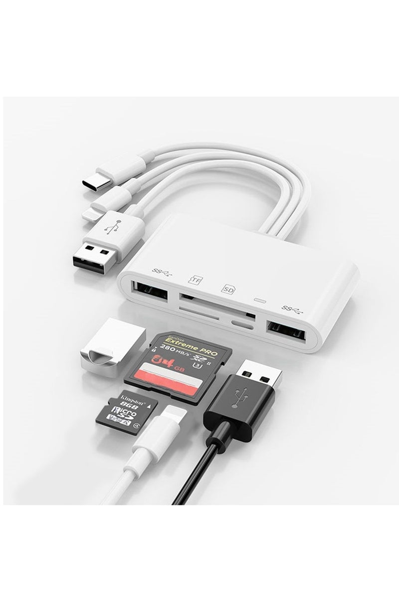 كيبول قارئ بطاقات ذاكرة ايفون 5 في 1، محول USB او تي جي وعارض كاميرا بطاقة SD/TF لايفون/ايباد/الكمبيوتر/اندرويد/الكاميرا/اجهزة USB C وA، يدعم SD/Micro SD/SDHC/SDXC/MMC التوصيل والتشغيل مع USB A ومنفذ الشحن - Image 1