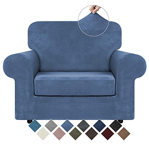 WEERRW Velvet Stretch Chair Sofa Slipcover - 2 Pieces Luxury Soft Velvet Plush Couch Cover Furniture Protector with Elastic Bottom for Pets, Machine Washable, Light Blue, Small - Image 1