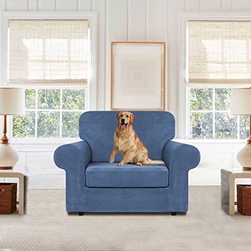 WEERRW Velvet Stretch Chair Sofa Slipcover - 2 Pieces Luxury Soft Velvet Plush Couch Cover Furniture Protector with Elastic Bottom for Pets, Machine Washable, Light Blue, Small - Image 2