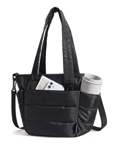 BAGSMART Lunch Bag Women Small Insulated Tote with Lunch Compartment Quilted Lightweight Puffy Tote Bag for Work Travel Outdoor Black
