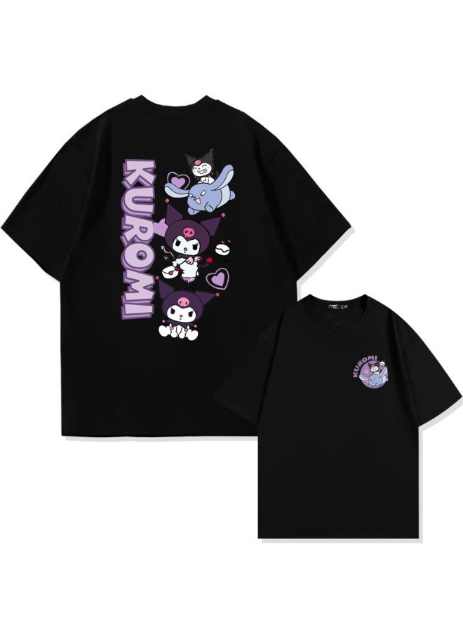 Kuromi cotton short-sleeved T-shirt student men's and women's youth summer tide brand loose off-shoulder half-sleeved top - Image 1