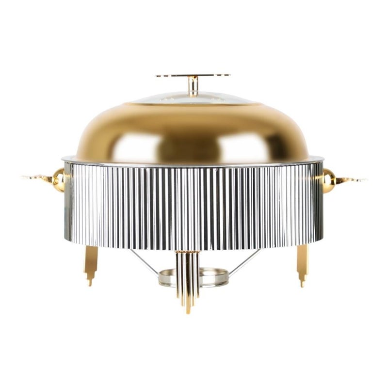 Soleter Food Warmer 6.5 Liter Silver/Gold – Decorative Stainless Steel Chafing Dish with Vertical Fluted Pattern, Domed Lid & Tripod Stand