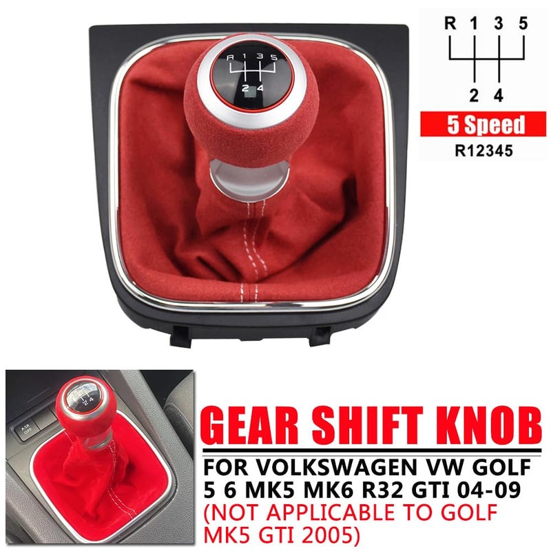مقبض ناقل الحركة الأحمر 5 سرعات لجولف 5 6 MK5 MK6 R32 GTI 2004-2009 مع غطاء من الجلد السويدي - Image 3