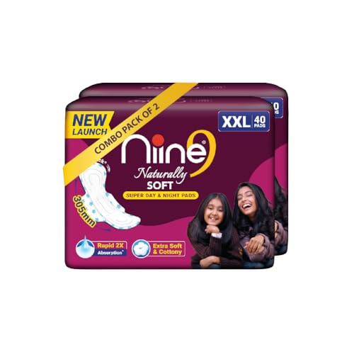 Niine Naturally Soft XXL Extra Soft & Cottony Sanitary Pads for Women | 305mm Long | 80 Pads, Pack of 2 | Super Day & Night Pads | Rapid 2X Absorption - Image 1