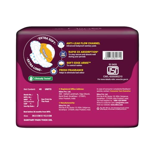 Niine Naturally Soft XXL Extra Soft & Cottony Sanitary Pads for Women | 305mm Long | 80 Pads, Pack of 2 | Super Day & Night Pads | Rapid 2X Absorption - Image 2