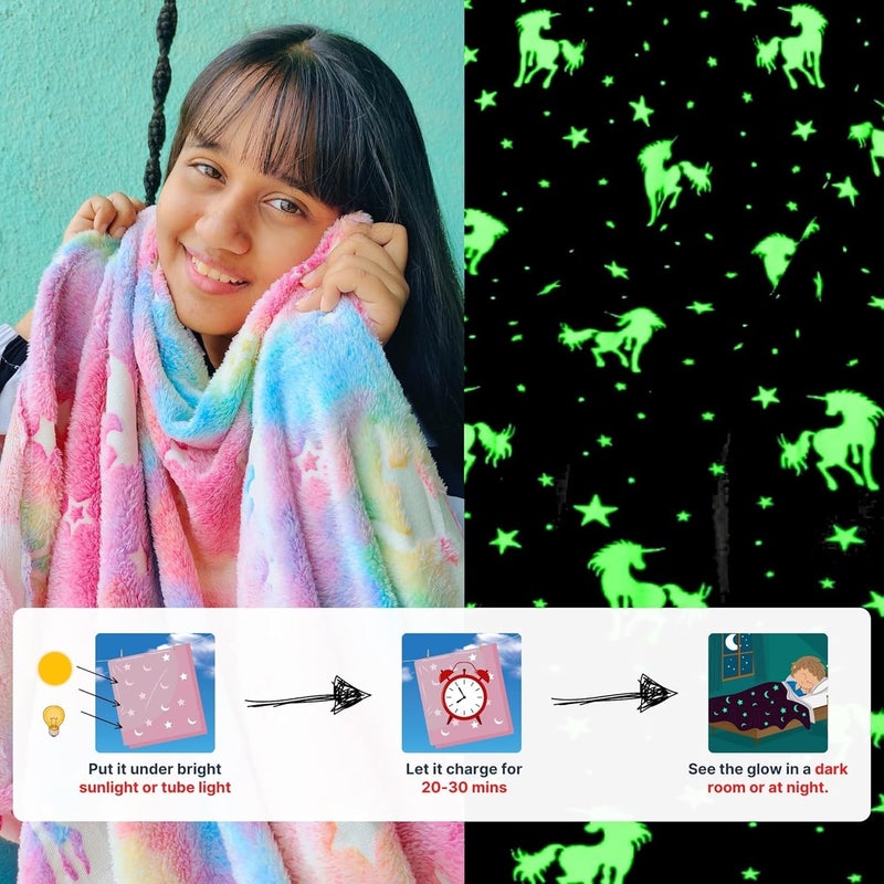 EXILOM Glow in The Dark Blanket for Kids, 200x152 Cm, Unicorns Gifts for Girls, Soft Kids Blankets for Christmas Birthday, Cozy & Warm All-Season Glow Blanket Ideal Gift for Boys & Girls (Pink) - Image 2