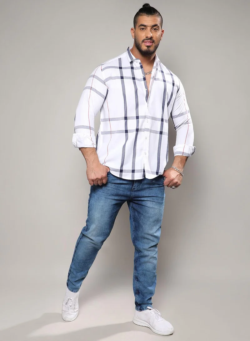 Instafab Plus Instafab Plus Men's White Tartan Plaid Shirt For Casual Wear | Spread Collar | Long Sleeve | Button Closure | Cotton Shirts Crafted With Comfort Fit For Everyday Wear