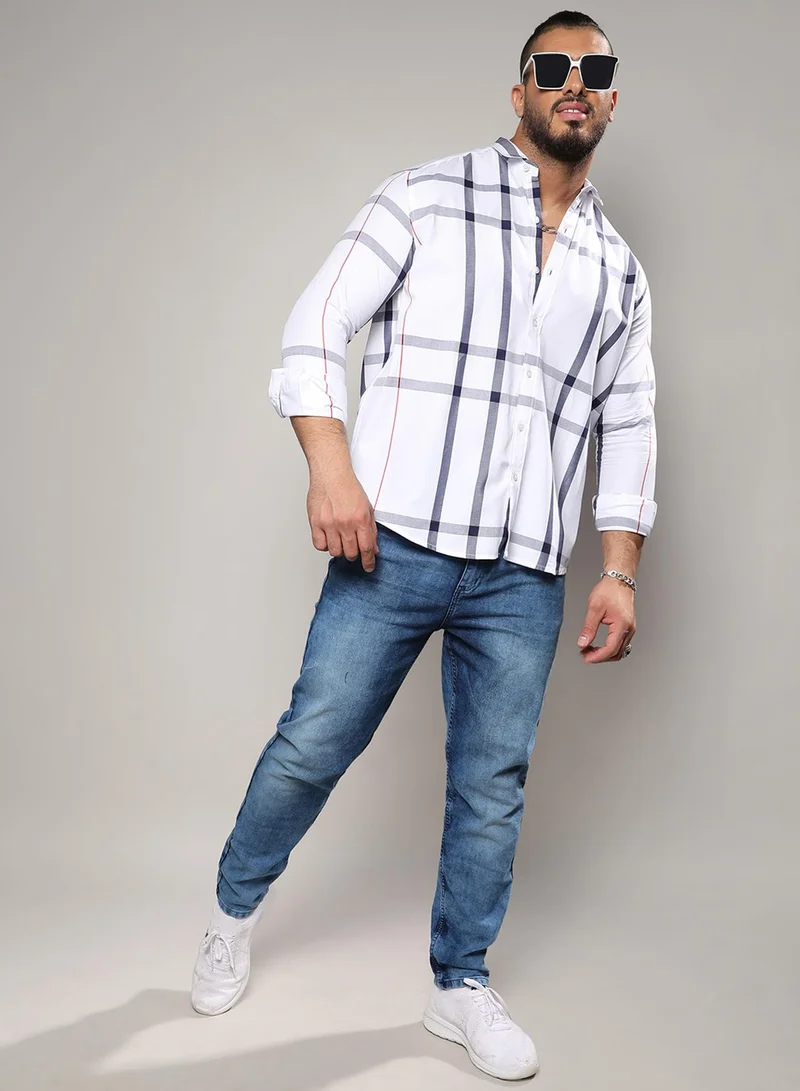 Instafab Plus Instafab Plus Men's White Tartan Plaid Shirt For Casual Wear | Spread Collar | Long Sleeve | Button Closure | Cotton Shirts Crafted With Comfort Fit For Everyday Wear