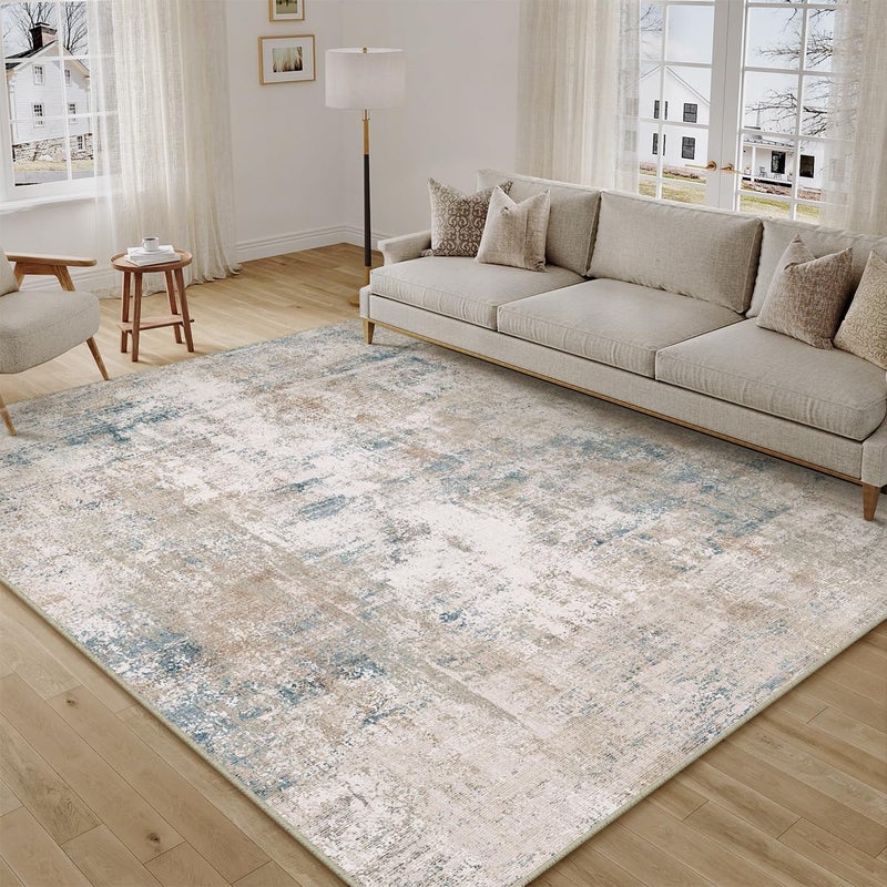WondRg 8x10 Washable Area Rug Beige Blue Abstract Living Room Bedroom Carpet Neutral Modern Non Slip Soft Low Pile Indoor Large Throw Rug for Dining Room Office - Image 4