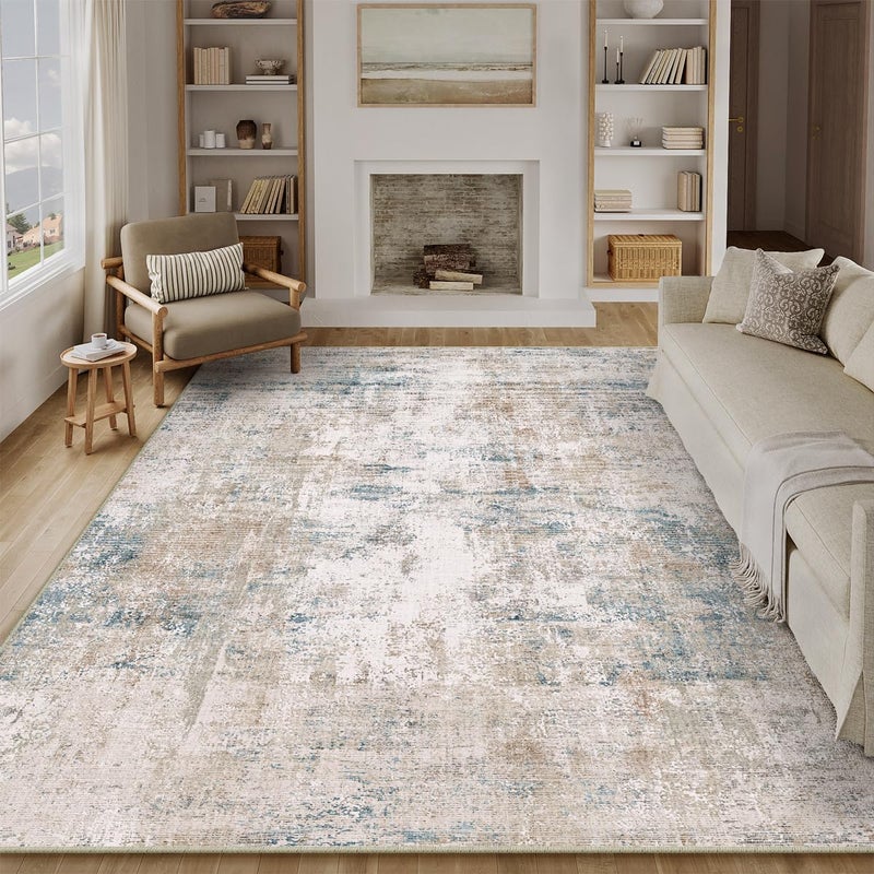WondRg 8x10 Washable Area Rug Beige Blue Abstract Living Room Bedroom Carpet Neutral Modern Non Slip Soft Low Pile Indoor Large Throw Rug for Dining Room Office - Image 5