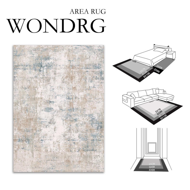 WondRg 8x10 Washable Area Rug Beige Blue Abstract Living Room Bedroom Carpet Neutral Modern Non Slip Soft Low Pile Indoor Large Throw Rug for Dining Room Office - Image 2