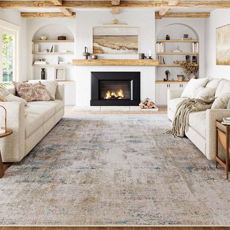 WondRg 8x10 Washable Area Rug Beige Blue Abstract Living Room Bedroom Carpet Neutral Modern Non Slip Soft Low Pile Indoor Large Throw Rug for Dining Room Office - Image 1