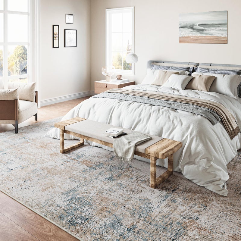 WondRg 8x10 Washable Area Rug Beige Blue Abstract Living Room Bedroom Carpet Neutral Modern Non Slip Soft Low Pile Indoor Large Throw Rug for Dining Room Office - Image 3