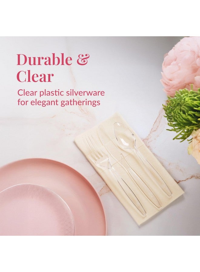 Prestee 300-Piece Plastic Cutlery Set - 100 Each of Clear Plastic Forks, Knives, Spoons - Heavy Duty Silverware for Parties - Disposable Utensils for Weddings and Buffets - Image 2