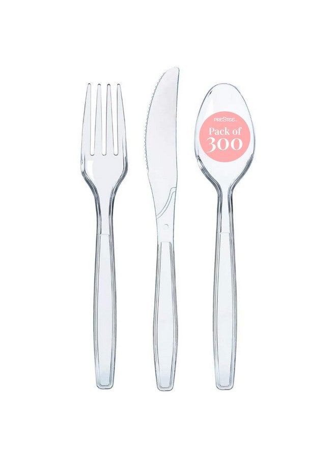 Prestee 300-Piece Plastic Cutlery Set - 100 Each of Clear Plastic Forks, Knives, Spoons - Heavy Duty Silverware for Parties - Disposable Utensils for Weddings and Buffets - Image 1