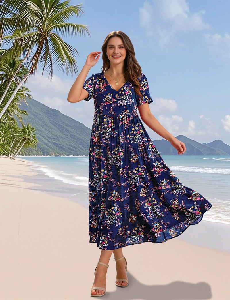 YESNO Women's Summer Maxi Dresses Casual Floral Short Sleeve V Neck Boho Beach Vacation Swing Dress with Pockets 2XL EVF CR030 - Image 2