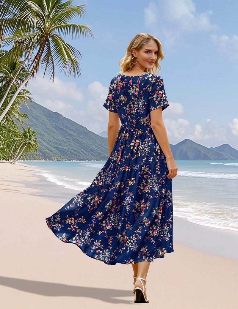 YESNO Women's Summer Maxi Dresses Casual Floral Short Sleeve V Neck Boho Beach Vacation Swing Dress with Pockets 2XL EVF CR030 - Image 4