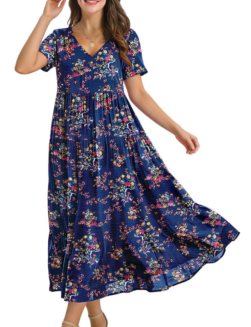 YESNO Women's Summer Maxi Dresses Casual Floral Short Sleeve V Neck Boho Beach Vacation Swing Dress with Pockets 2XL EVF CR030 - Image 1