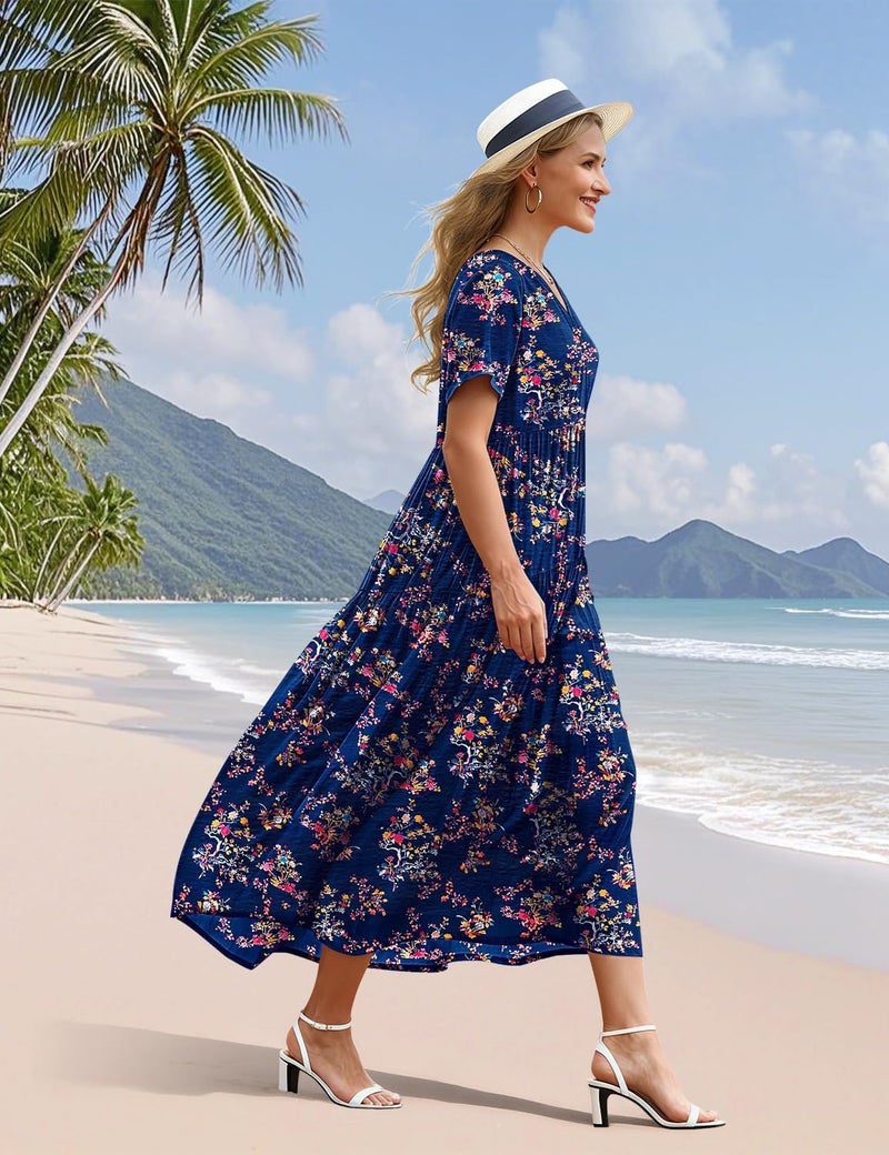 YESNO Women's Summer Maxi Dresses Casual Floral Short Sleeve V Neck Boho Beach Vacation Swing Dress with Pockets 2XL EVF CR030 - Image 3