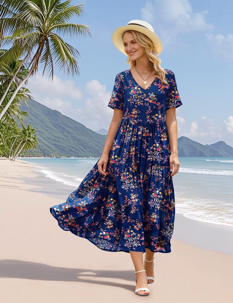 YESNO Women's Summer Maxi Dresses Casual Floral Short Sleeve V Neck Boho Beach Vacation Swing Dress with Pockets 2XL EVF CR030 - Image 5