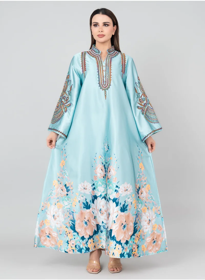 IKKXA Floral Printed Crystal Embroidery Jalabiya IK1012 Blue