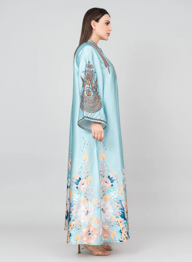 IKKXA Floral Printed Crystal Embroidery Jalabiya IK1012 Blue