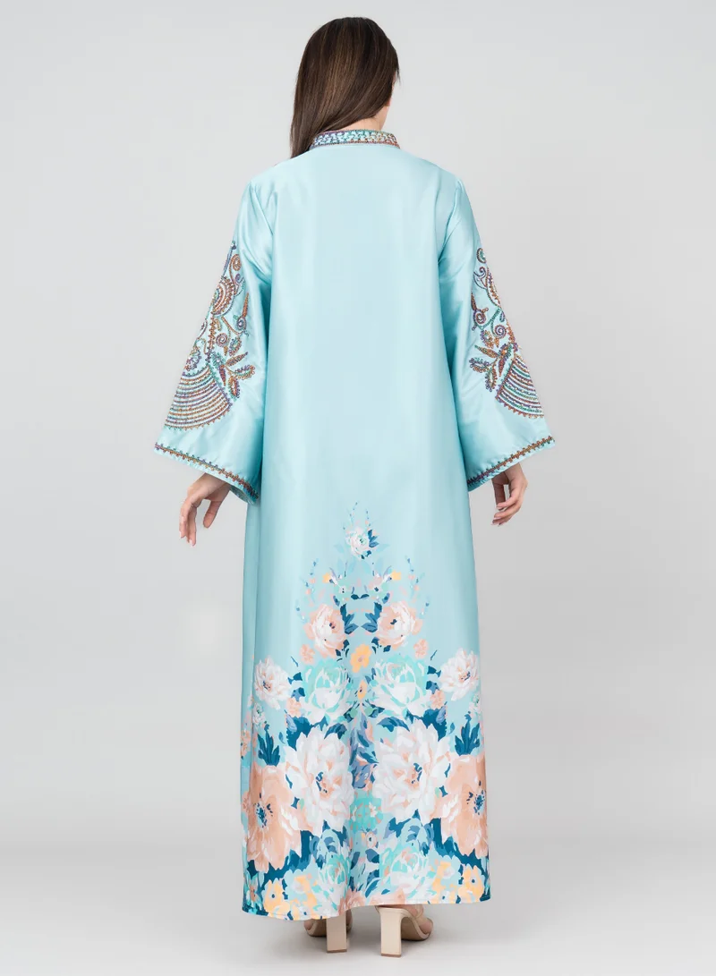 IKKXA Floral Printed Crystal Embroidery Jalabiya IK1012 Blue