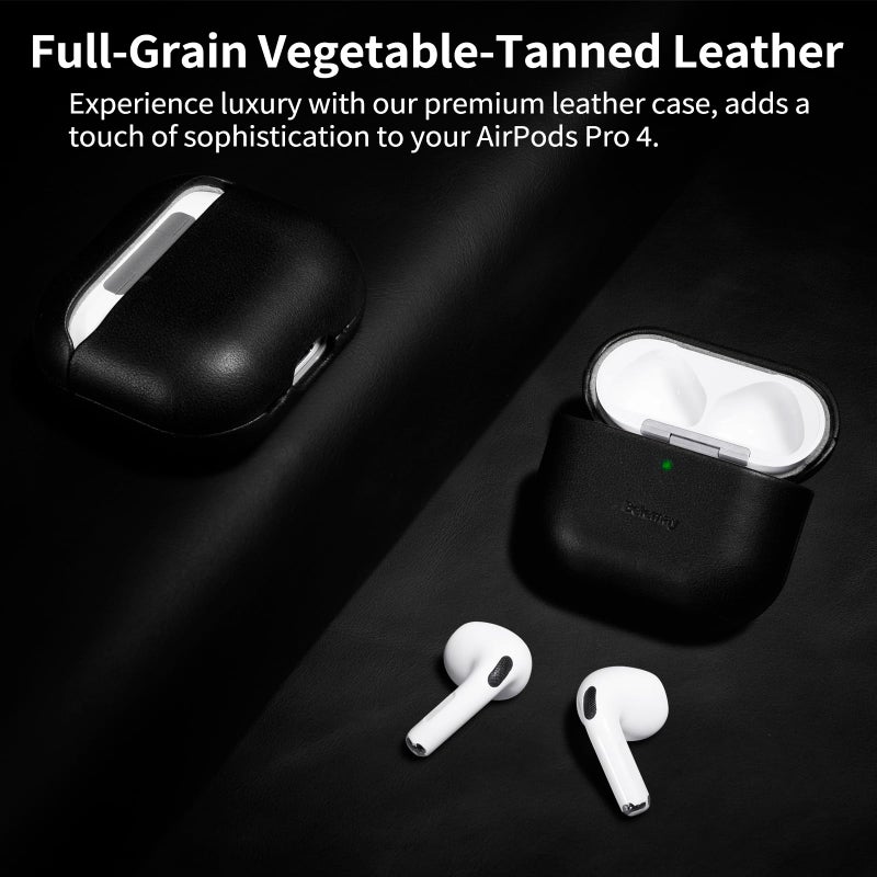 Belemay for AirPods 4 Case, Compatible with MagSafe, Luxury Full-Grain Vegetable-Tanned Smooth Leather, Unique Patina, Comfort Grip, Compatible with AirPods 4th Generation Case (2024) (USB-C), Black - Image 2