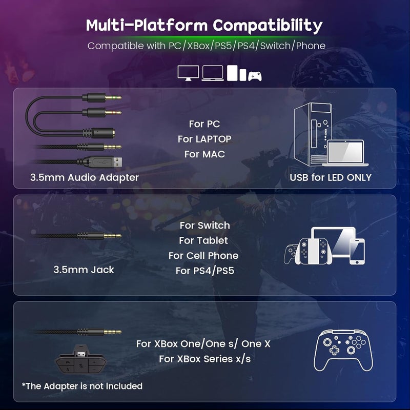 سماعة ألعاب سلكية من لأجهزة Xbox وPS5 وPS4 وSwitch والكمبيوتر والهاتف المحمول، سماعات ألعاب بصوت محيطي مع ميكروفون إلغاء الضوضاء ENC، محركات 50 مم، أغطية أذن من الإسفنج الذكي الناعم، تصميم مريح ومتين - Image 4