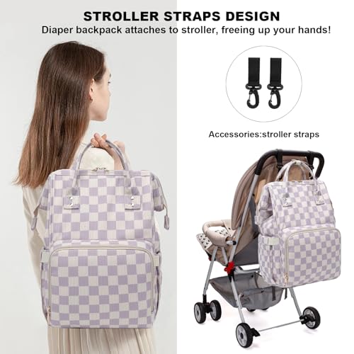 Dezcrab Baby Diaper Bag Backpack for Mom Large Capacity Travel Nappy Bag for Boys Girls with Stroller Straps Corduroy Checkered Purple - Image 3