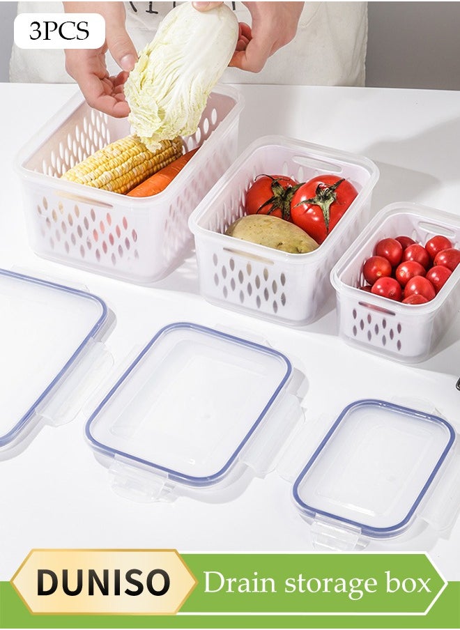 DUNISO 3-Pack Fruit Storage Containers For Fridge， Draining Storage Boxes With Removable Colander, Refrigerator Airtight Vegetables Berries Fresh Salad Containers, Leakproof Durable Airtight Storage Boxes, All-In-One Food Storage Containers For Washing, Draining And Preserving  - Image 1
