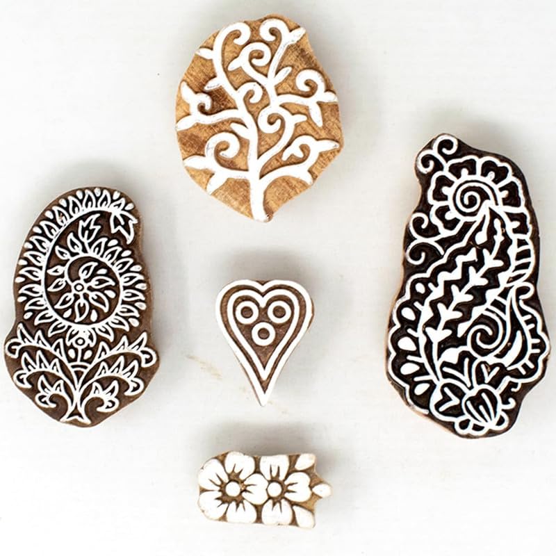 TWOGRAMS | Set of 5 | Wooden Indian Traditional Design Printing Stamps/Blocks for Printing Saree Border/Dresses/Craft Card Making/Scrapbook/Clay Pottery - Image 1