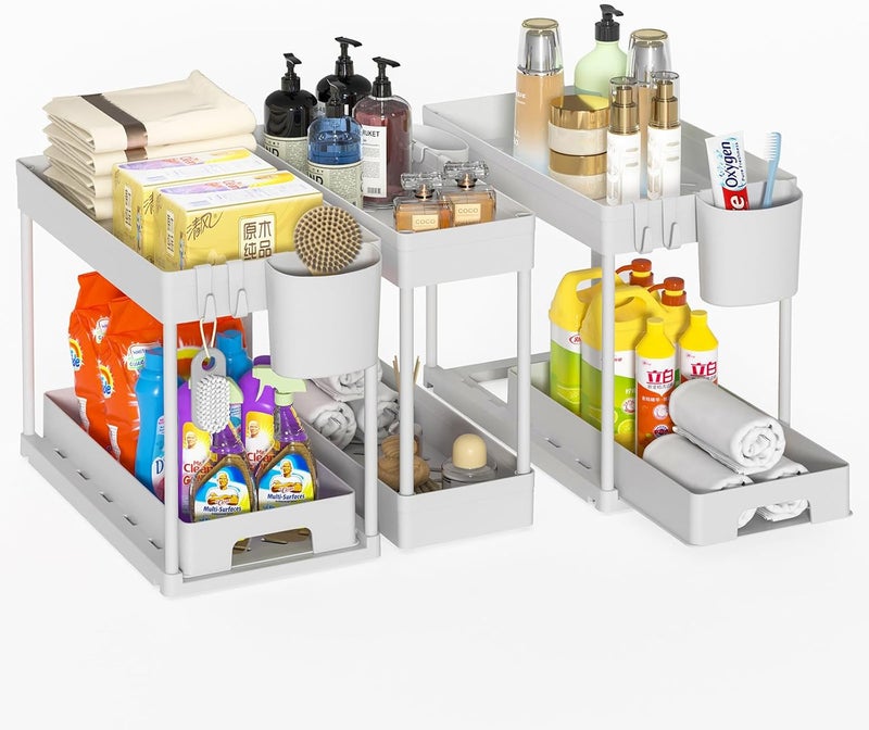 هامية 3 عبوات تخزين قابل للسحب تحت الحوض، رف خزانة منزلق متعدد الأغراض ذو مستويين لمستلزمات التنظيف - أبيض - Image 1